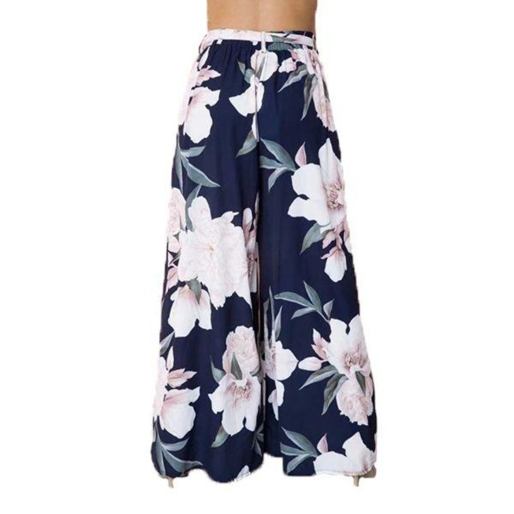 Floral Navy Lightweight Palazzo Wide Legs Pants NE - Picture 2 of 4